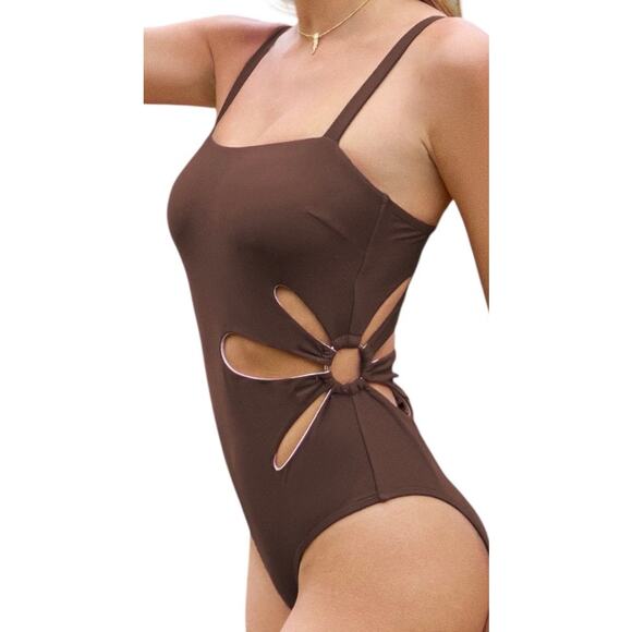 NEW Cupshe SWIMSUIT Women's MED Brown Square Neck Petal Cutout One PC Swimsuit - Picture 12 of 12